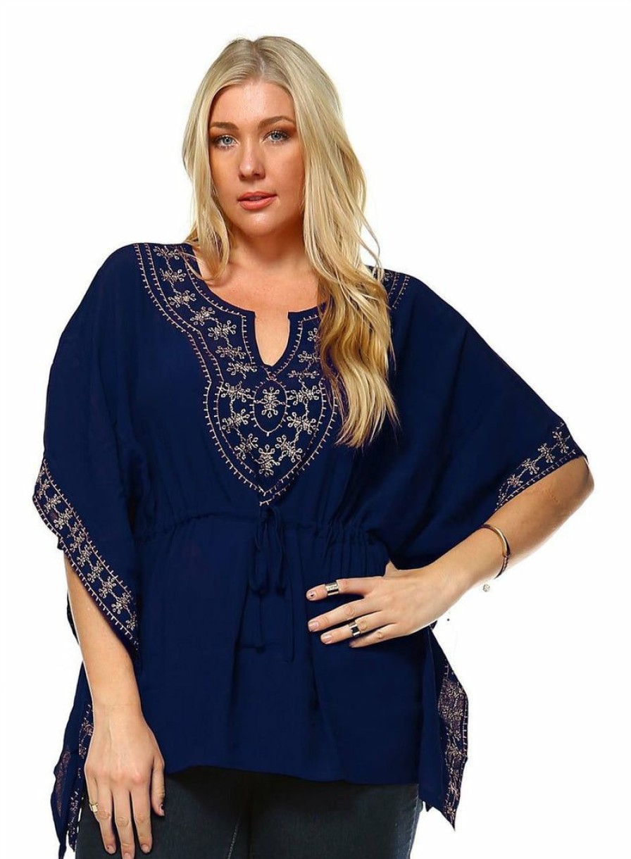 Regular Size * | Zoozie La Plus Size Shirt Embroidered Detail String Waist Navy Regular Size