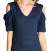 Regular Size * | Zoozie La Regular Size Open Shoulder Ribbed Dress With V Neck Striped Navy