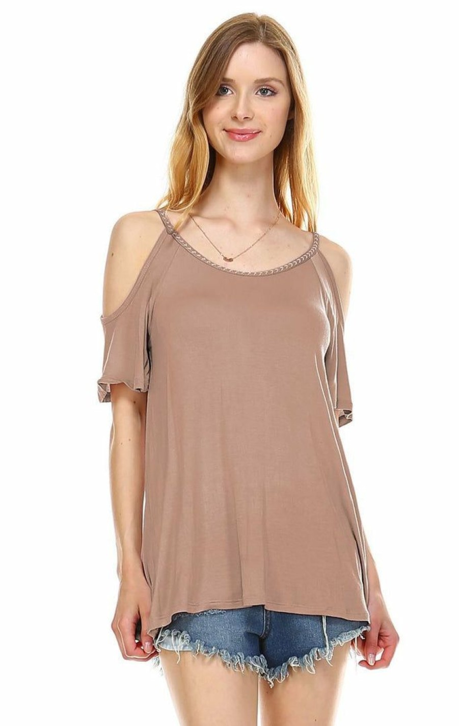 Regular Size * | Zoozie La Off The Shoulder Tops With Back Tie And Neck Trimming Taupe Regular Size