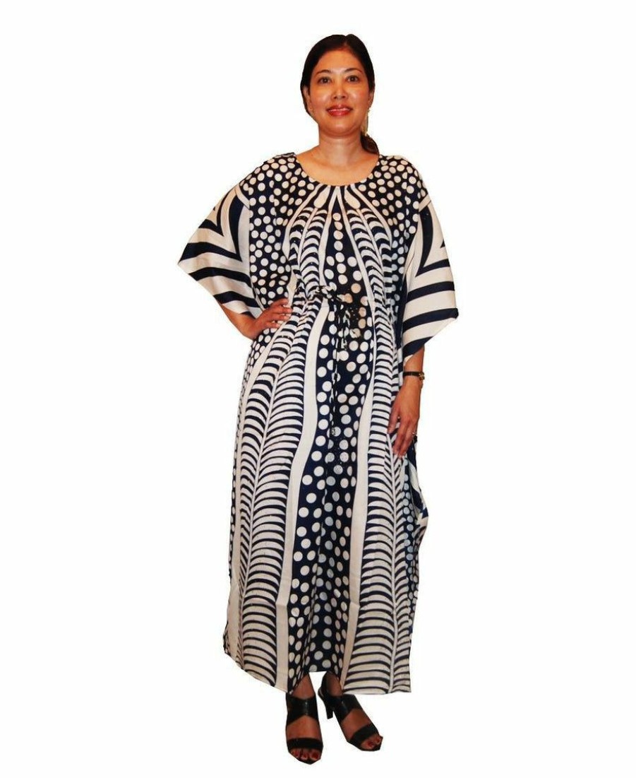 Regular Size * | Zoozie La Regular Size Vacation Resort Drawstring Maxi Dress Vertical Tribal Navy White