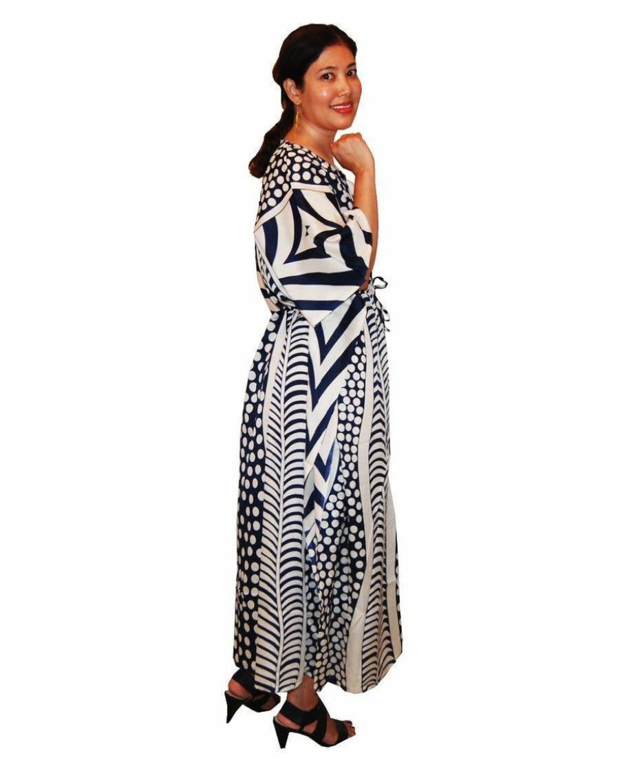 Regular Size * | Zoozie La Regular Size Vacation Resort Drawstring Maxi Dress Vertical Tribal Navy White