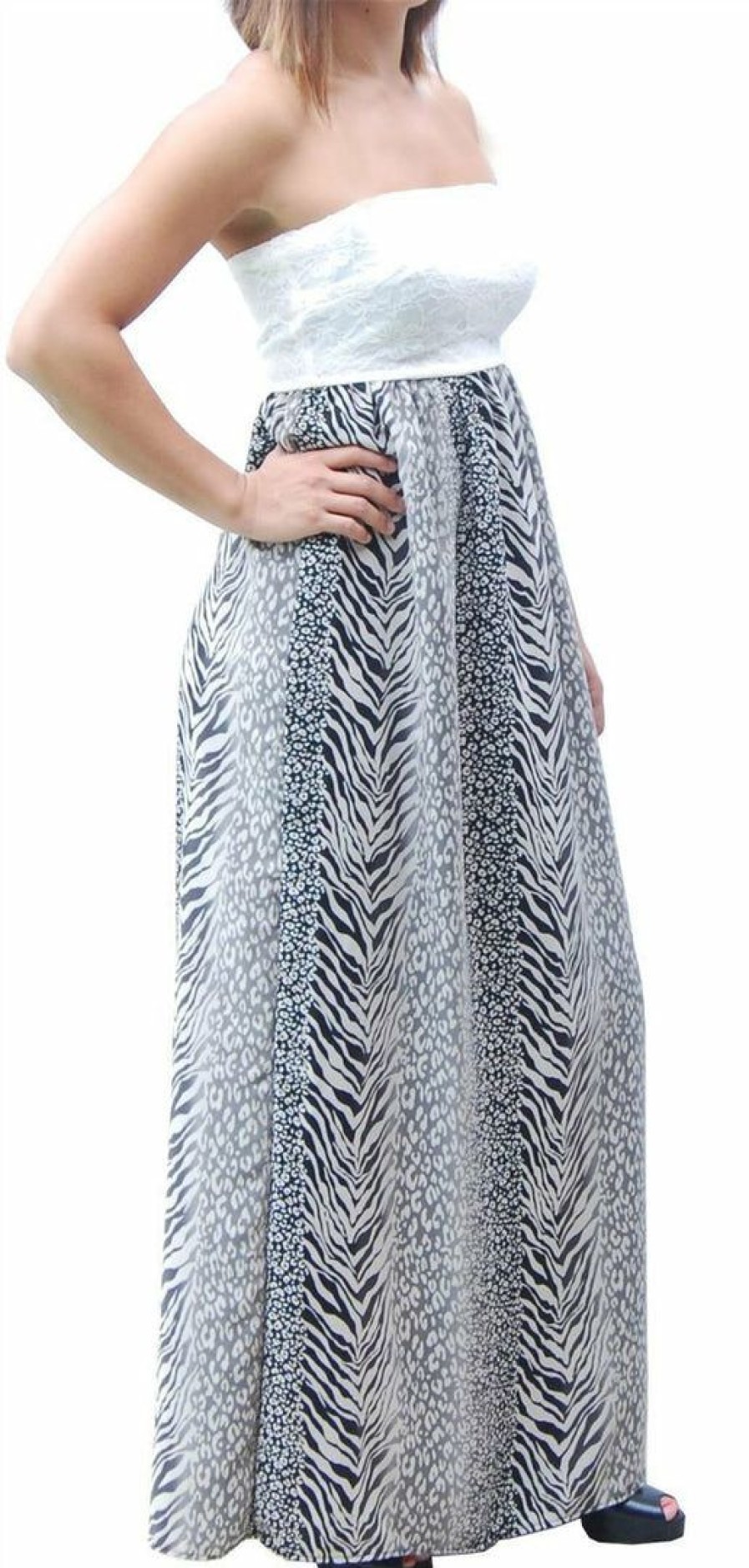 Regular Size * | Zoozie La Black Gray Strapless Lace Mixed Zebra Leopard Animal Print Long Evening Maxi Dress