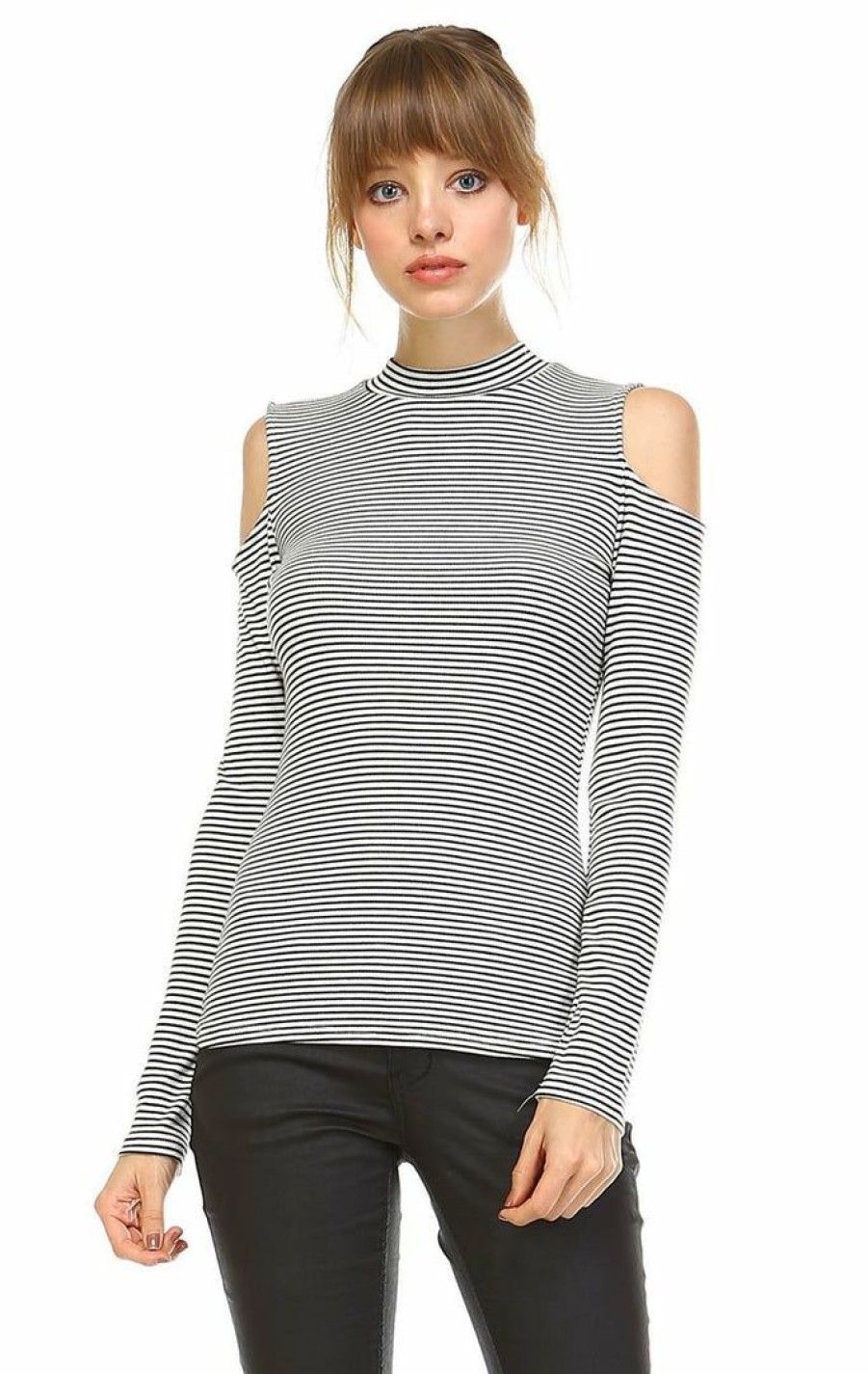 Regular Size * | Zoozie La Cold Shoulder Top Long Sleeve Stripe White Black Regular Size