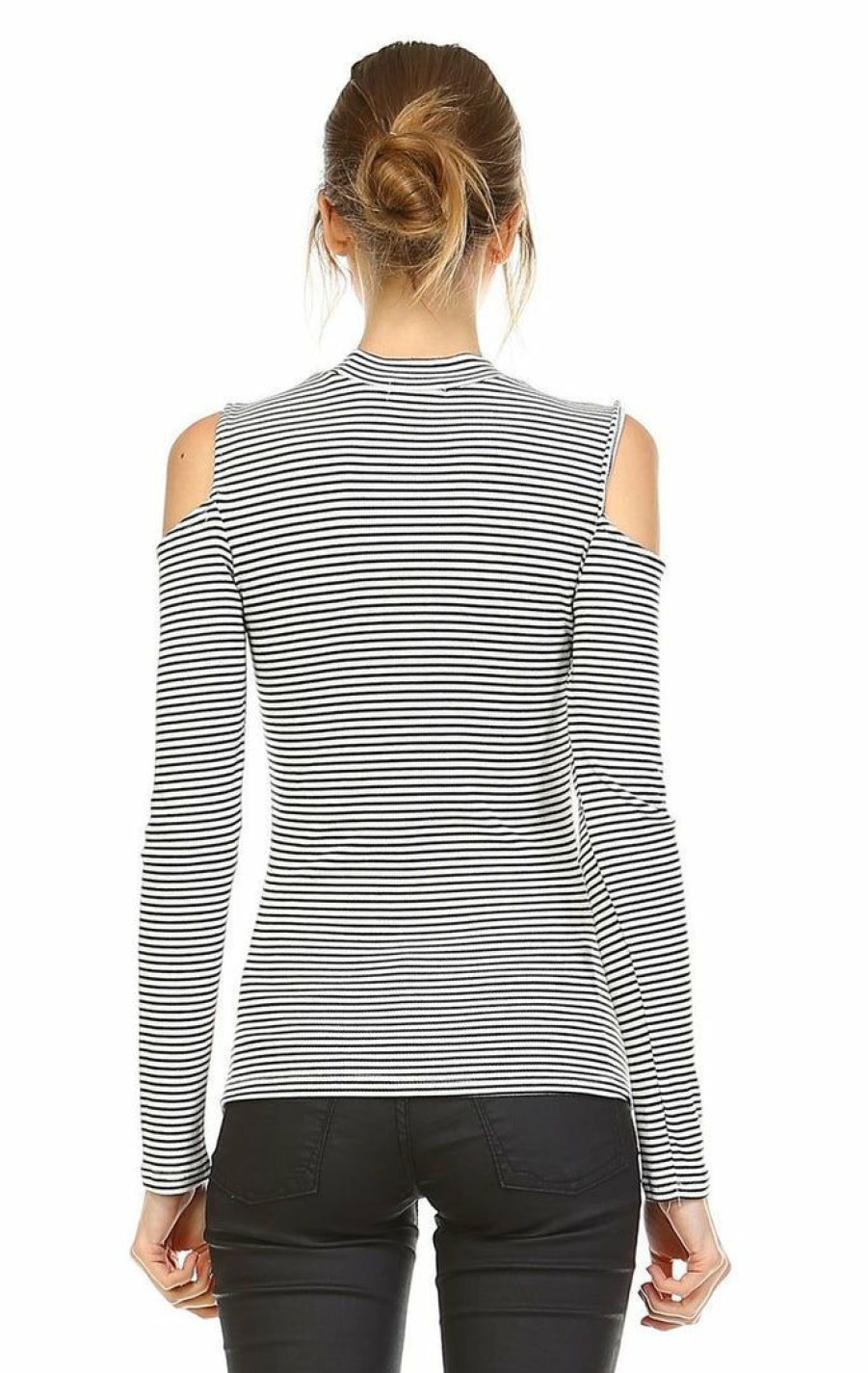 Regular Size * | Zoozie La Cold Shoulder Top Long Sleeve Stripe White Black Regular Size