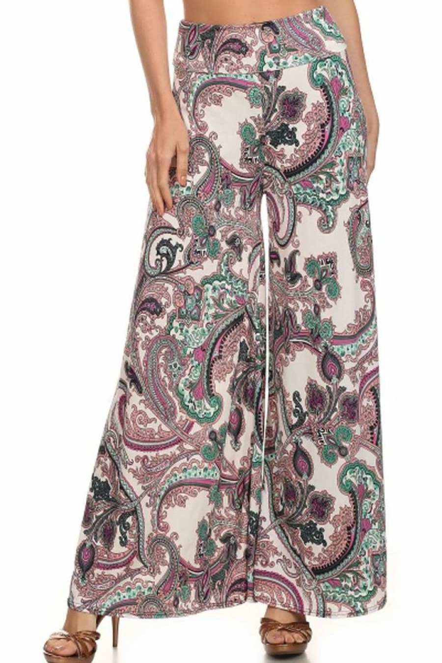 Regular Size * | Zoozie La Regular Size Foldover Palazzo Pants Royal Paisley Mint Purple Pink