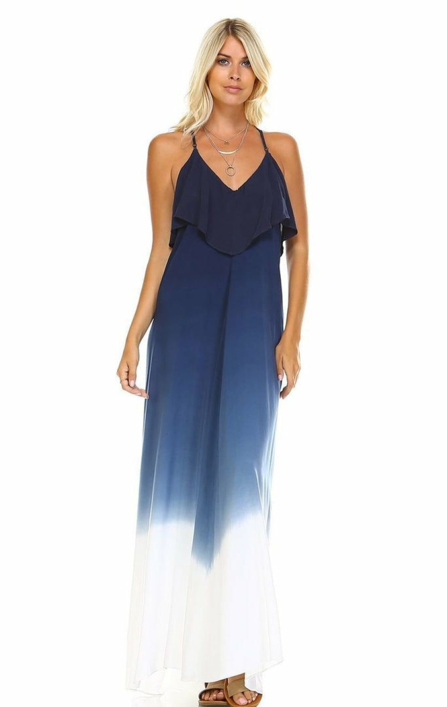 Regular Size * | Zoozie La Sleeveless Tie Dye Maxi Dress With Open Back Navy White Regular Size