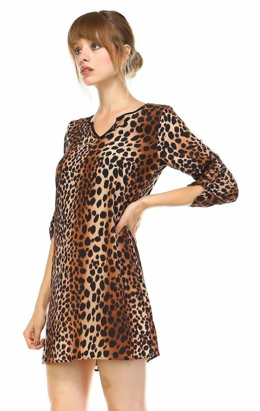 Regular Size * | Zoozie La Relaxed Fit Printed Tunic Top Blouse Cheetah Brown Black Tan Regular Size