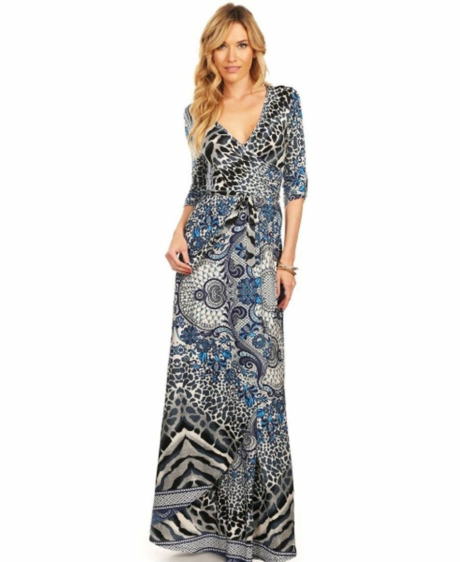 Regular Size * | Zoozie La Regular Size Maxi Dress With Sleeves Paisley Leopard Blue