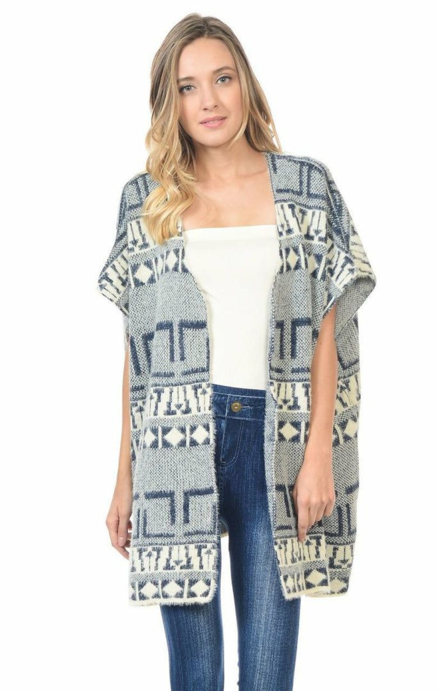 Regular Size * | Zoozie La Aztec Cardigan Tribal Sweater Furry Vests Navy Regular Size