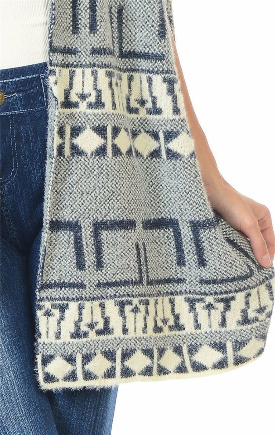 Regular Size * | Zoozie La Aztec Cardigan Tribal Sweater Furry Vests Navy Regular Size