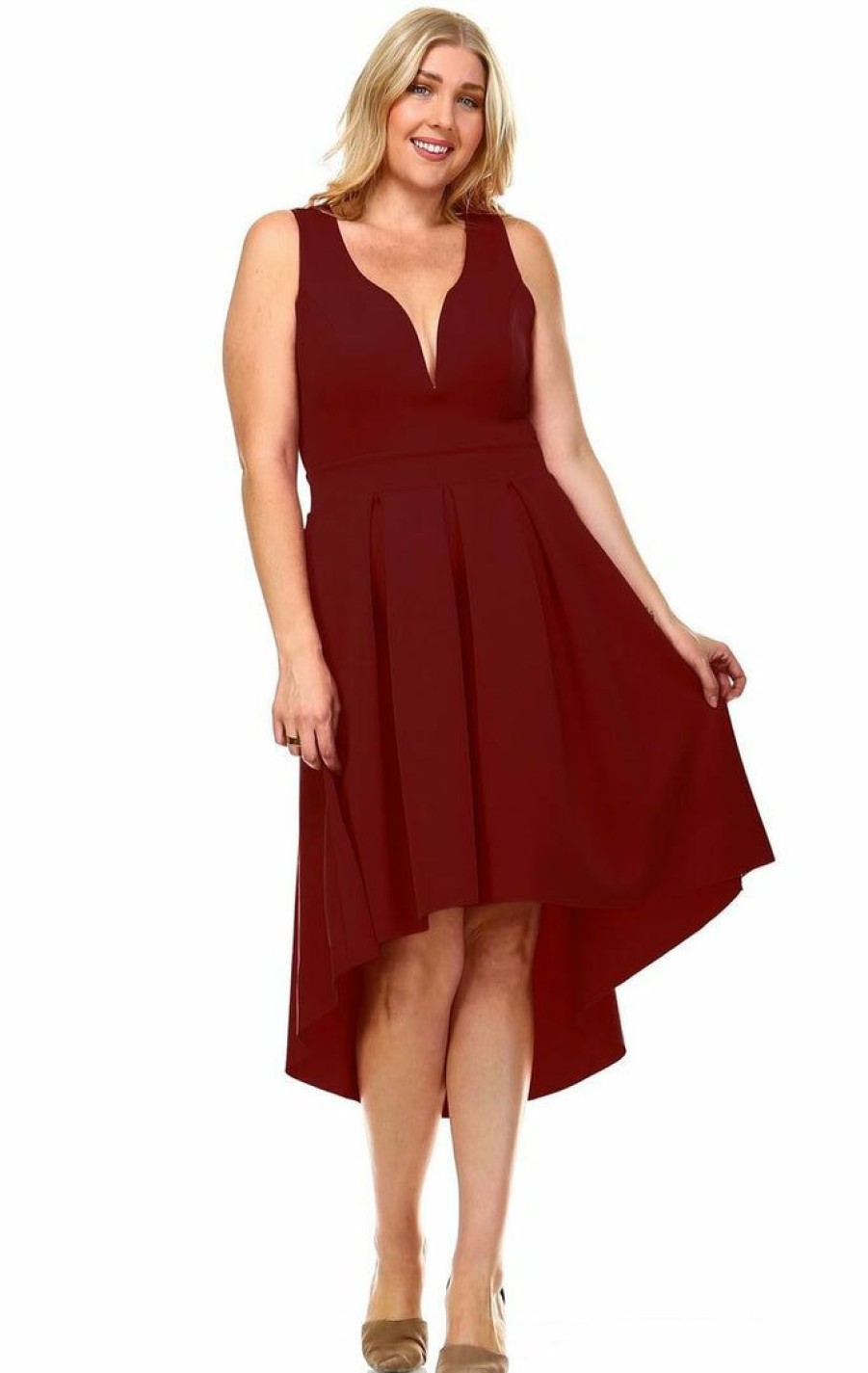 Regular Size * | Zoozie La Plus Size Pleated Midi Cocktail Dress With Empire Waist Burgundy