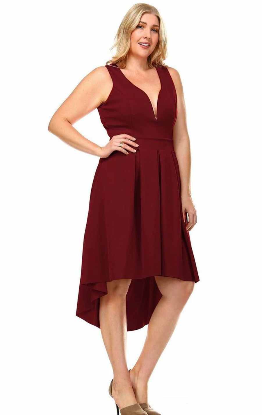 Regular Size * | Zoozie La Plus Size Pleated Midi Cocktail Dress With Empire Waist Burgundy