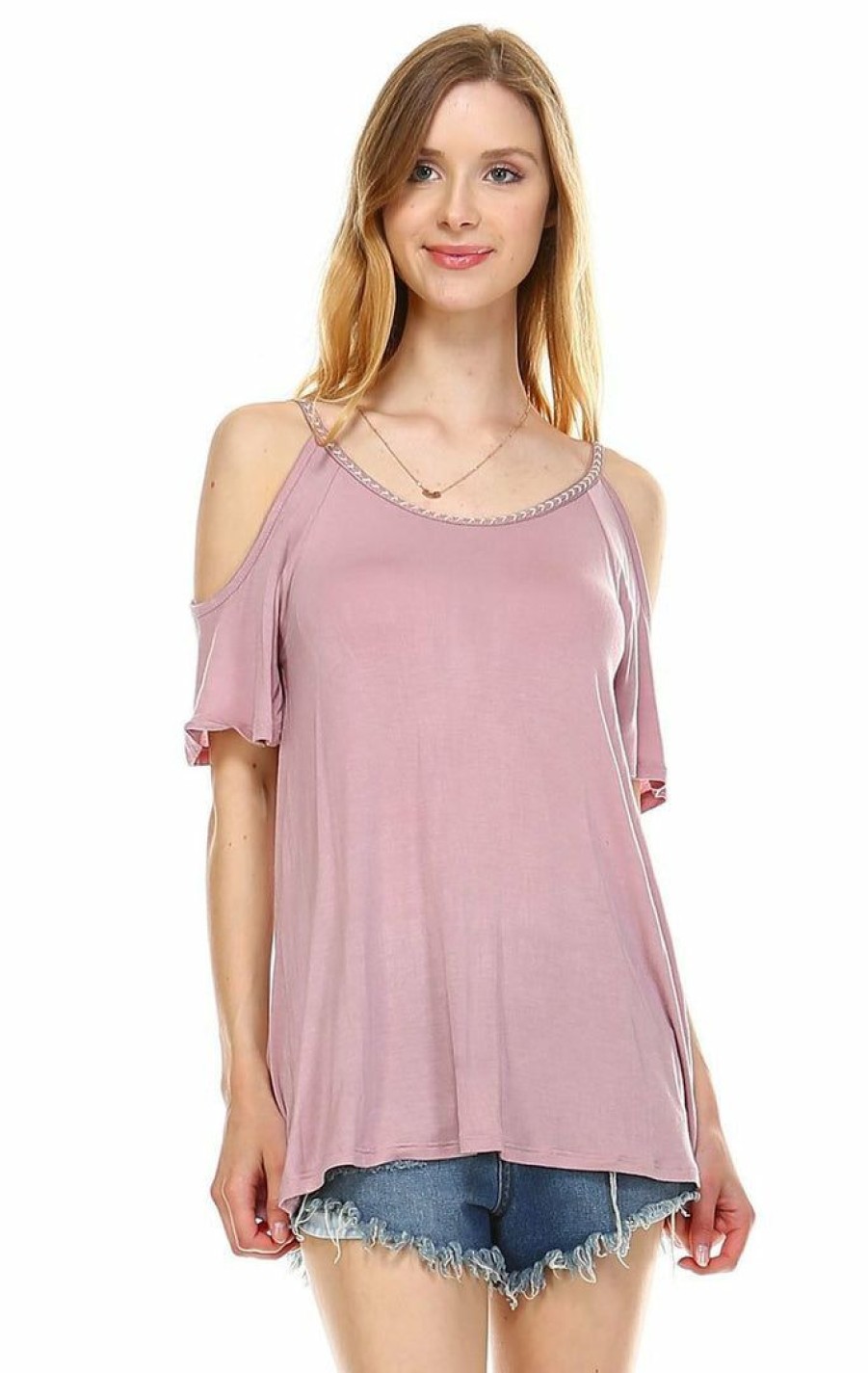 Regular Size * | Zoozie La Regular Size Off The Shoulder Tops With Back Tie And Neck Trimming Dusty Mauve