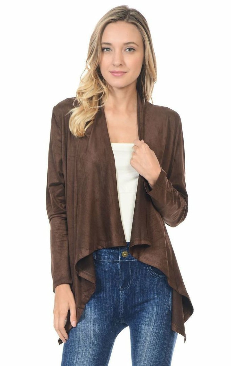 Regular Size * | Zoozie La Suede Open Front Flyaway Jacket Cardigan Chocolate Brown