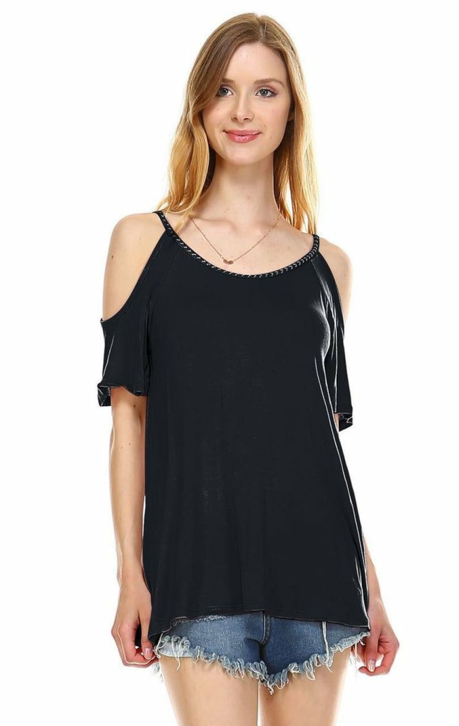 Regular Size * | Zoozie La Off The Shoulder Tops With Back Tie And Neck Trimming Black