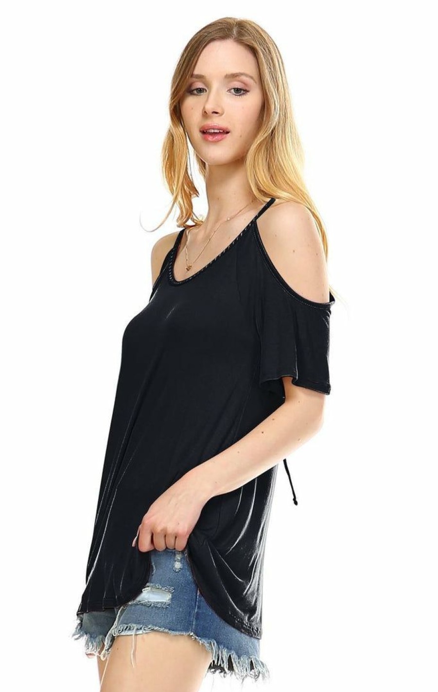 Regular Size * | Zoozie La Off The Shoulder Tops With Back Tie And Neck Trimming Black