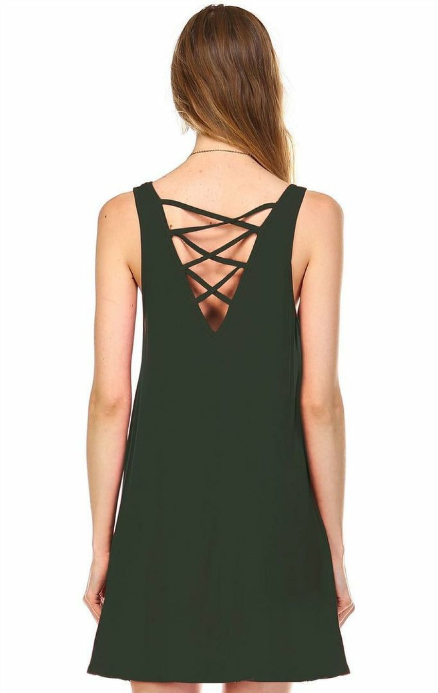 Regular Size * | Zoozie La Strappy Back Dress Sleeveless And 3/4 Sleeve Olive Green Regular Size