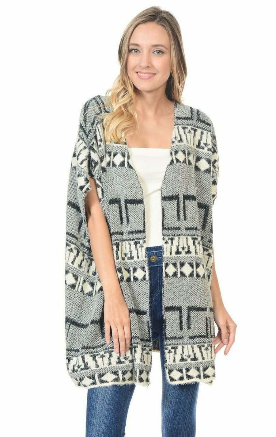 Regular Size * | Zoozie La Regular Size Aztec Cardigan Tribal Sweater Furry Vests Black