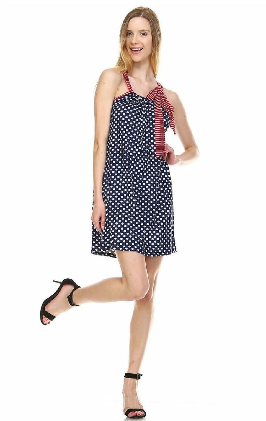 Regular Size * | Zoozie La Navy Polka Dot Tunic Dress With Red Stripe Shoulder Bow Tunic Red Stripe 2 Bow Navy Polka Dot