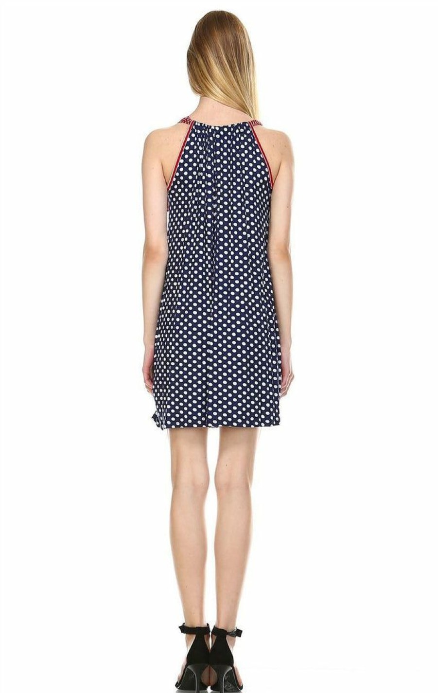 Regular Size * | Zoozie La Navy Polka Dot Tunic Dress With Red Stripe Shoulder Bow Tunic Red Stripe 2 Bow Navy Polka Dot