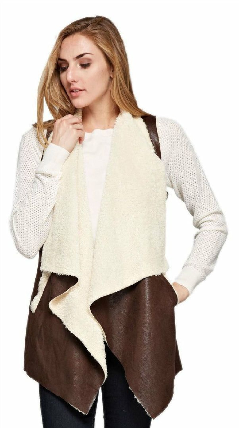 Regular Size * | Zoozie La Shearling Faux Fur Vest With Suede And Pockets Brown Regular Size