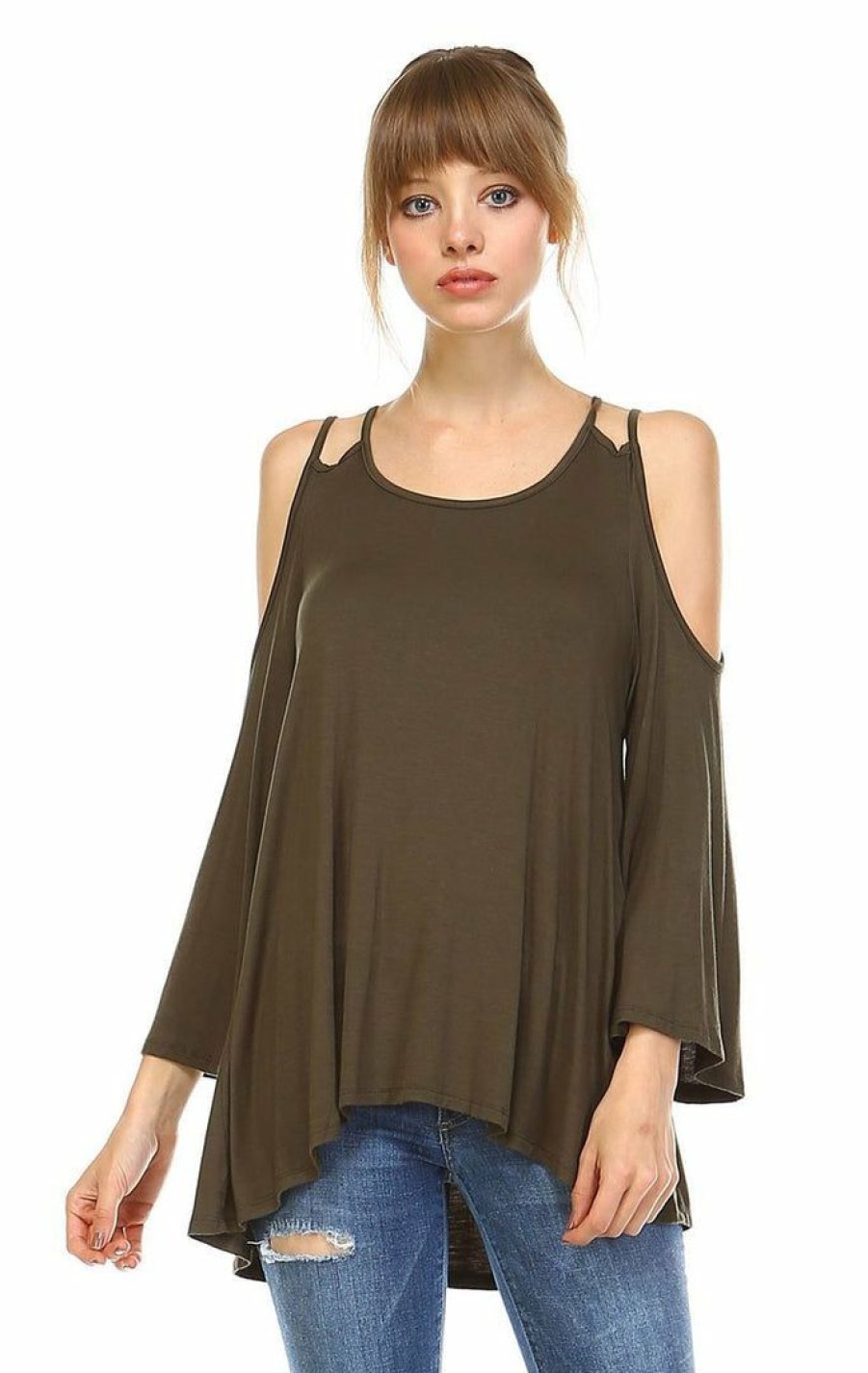 Regular Size * | Zoozie La Cold Shoulder Top 3/4 Sleeves 2 String Strap Olive Green Regular Size