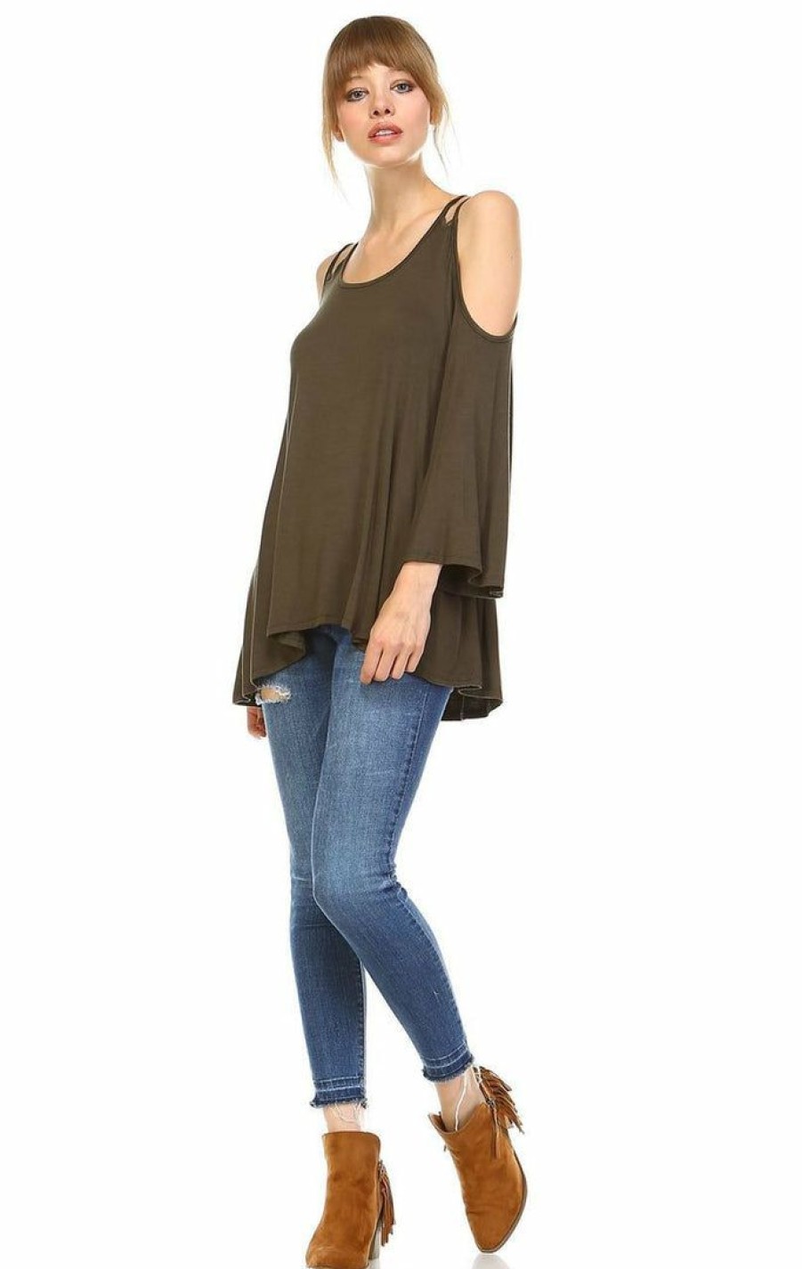 Regular Size * | Zoozie La Cold Shoulder Top 3/4 Sleeves 2 String Strap Olive Green Regular Size