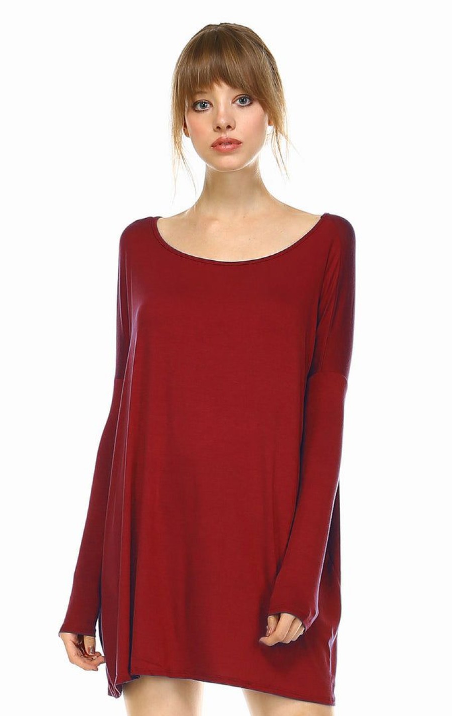 Regular Size * | Zoozie La Tunic Top Casual Dress Oversized Round Neck Long Sleeve Burgundy Regular Size