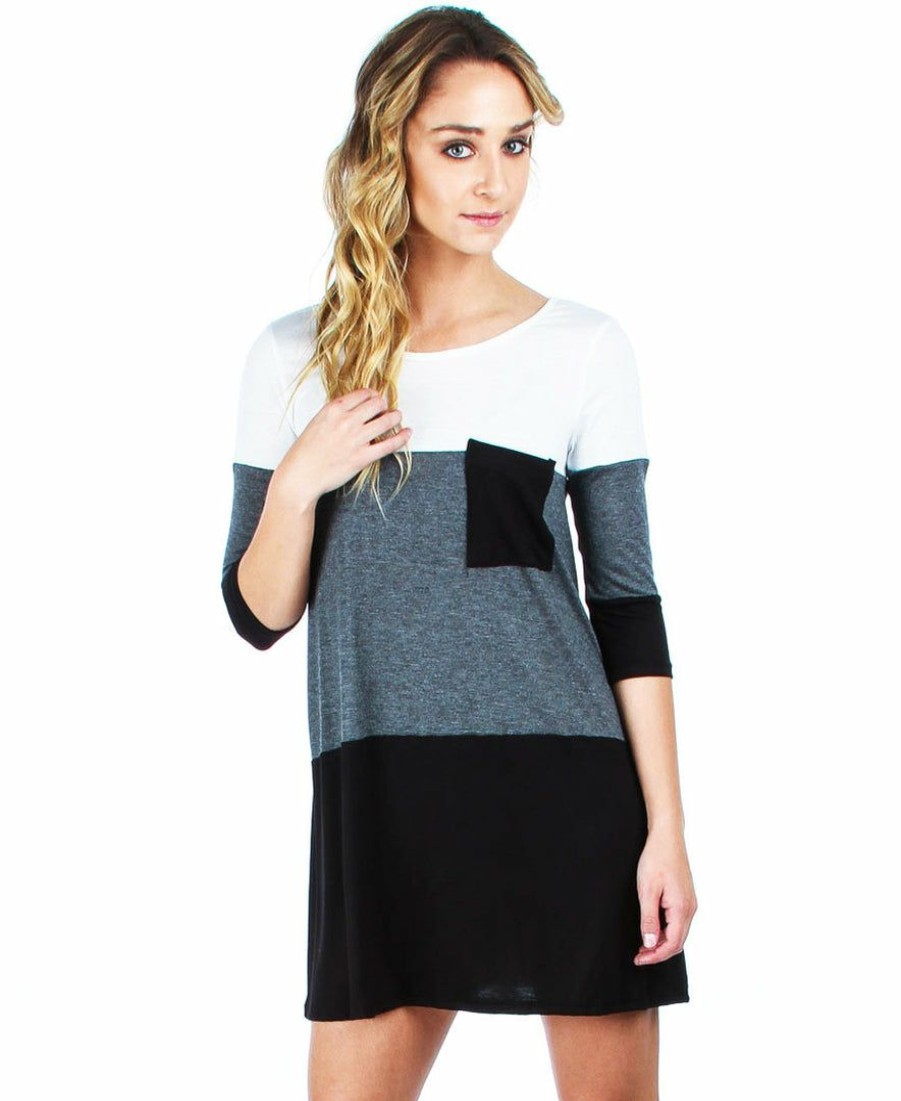 Regular Size * | Zoozie La Tunic Top Casual Dress Oversized Round Neck Long Sleeve Charcoal Black White S Regular Size