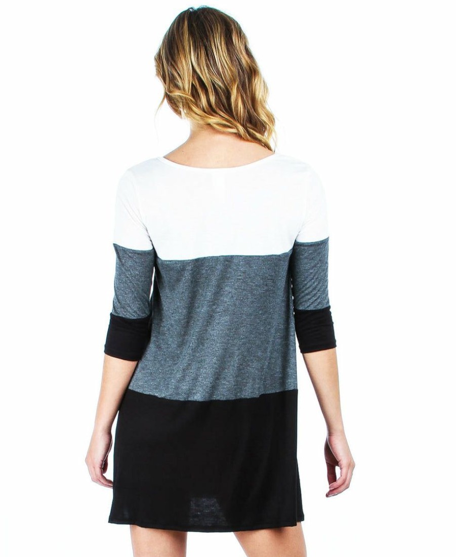 Regular Size * | Zoozie La Tunic Top Casual Dress Oversized Round Neck Long Sleeve Charcoal Black White S Regular Size