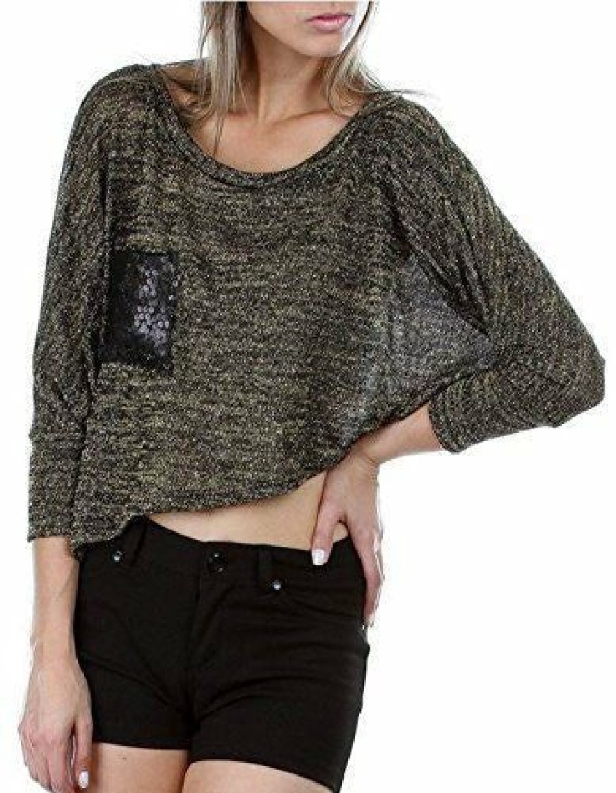 Regular Size * | Zoozie La Womens Black Gold Grey Knit Mid Rise Sequin Shirt