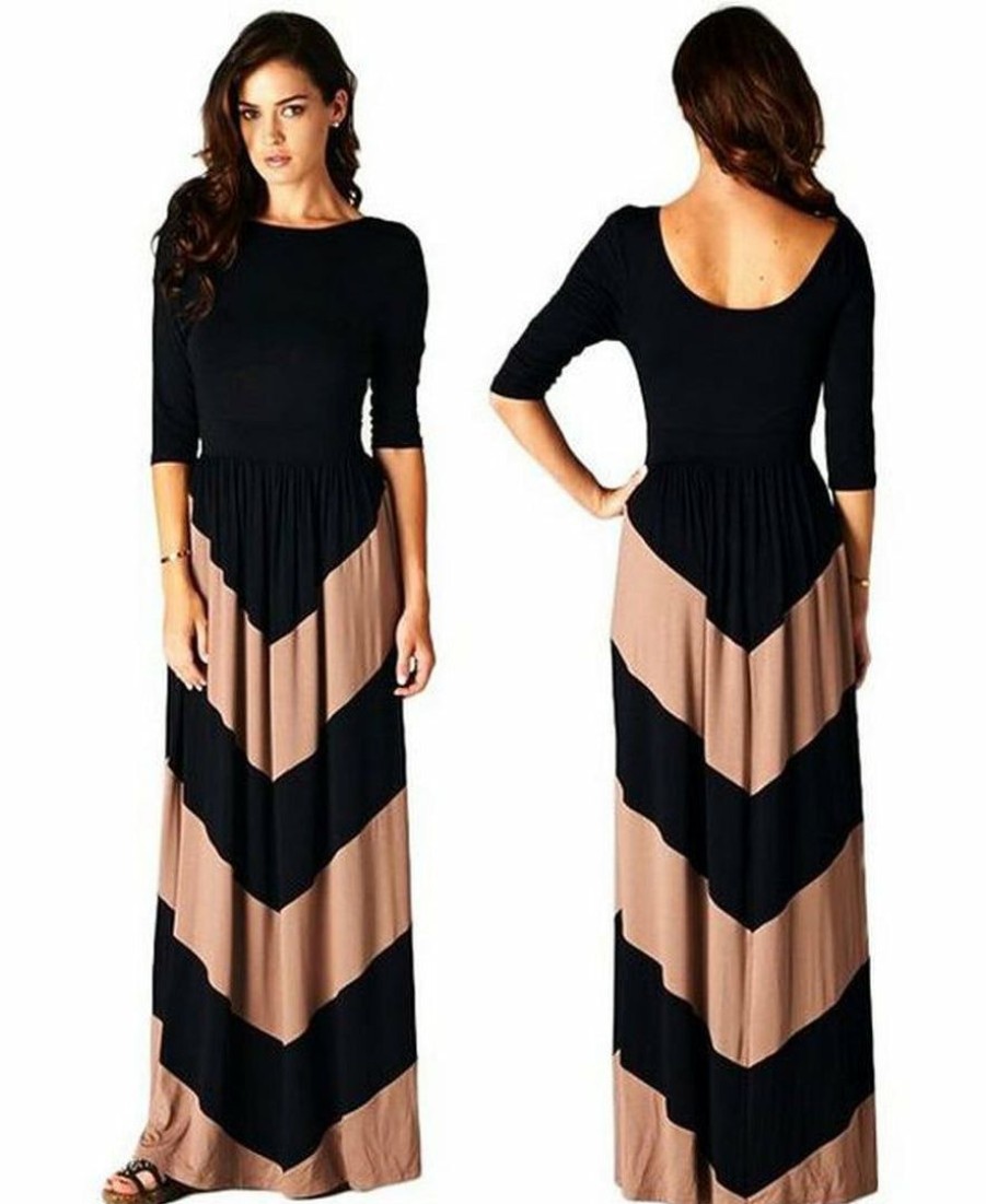 Regular Size * | Zoozie La Maxi Dress With Sleeves Chevron Striped Black Mocha