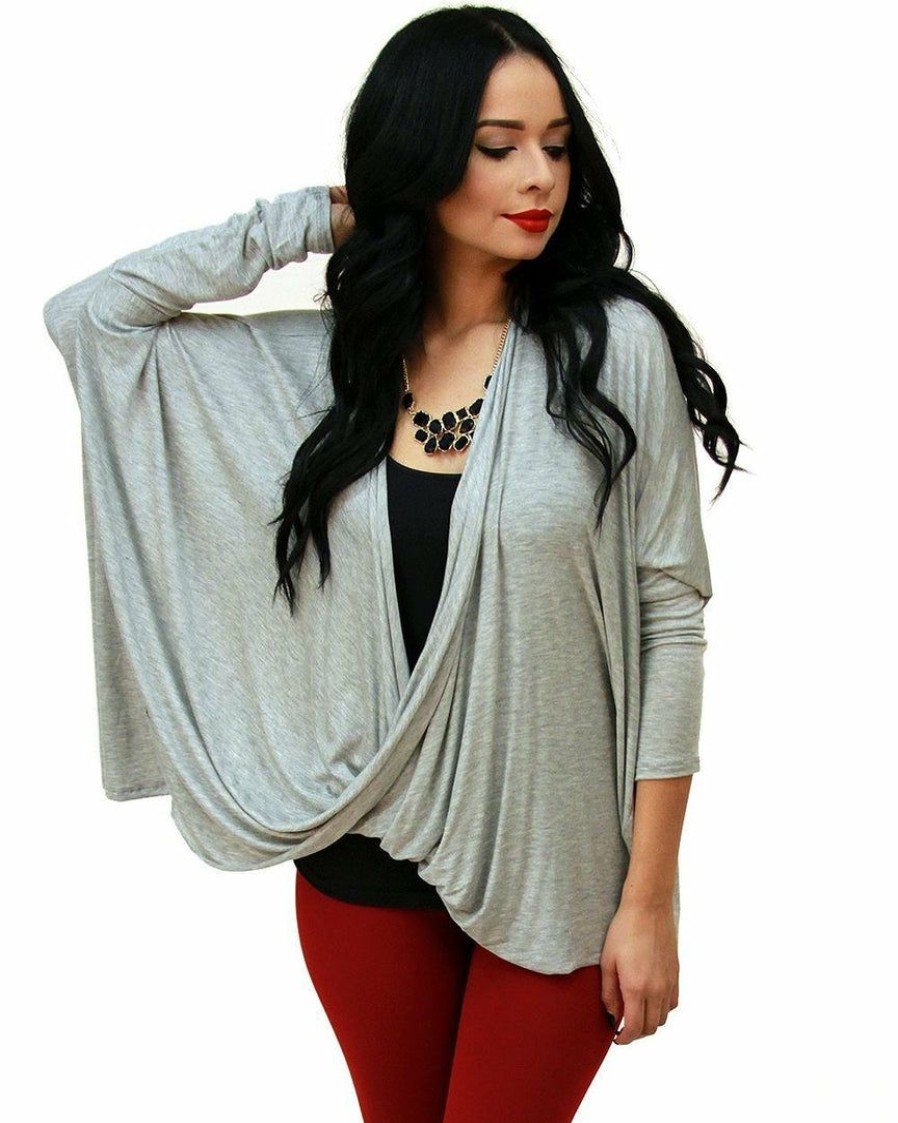 Regular Size * | Zoozie La Tunic Top Shirt Dress Twist Top Long Sleeve Heather Gray Regular Size