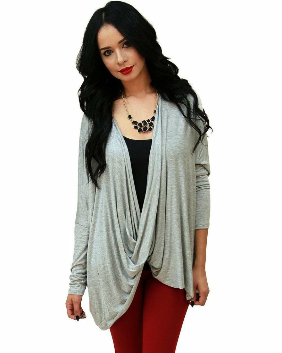 Regular Size * | Zoozie La Tunic Top Shirt Dress Twist Top Long Sleeve Heather Gray Regular Size