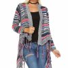 Regular Size * | Zoozie La Regular Size Open Front Oversized Fringe Cardigan With Multiple Stripe Gray Navy