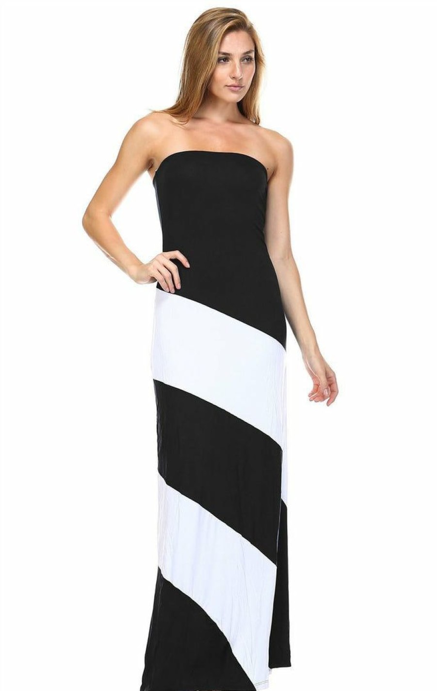 Regular Size * | Zoozie La Regular Size Strapless Maxi Dress Double-Lined Colorblock Black White