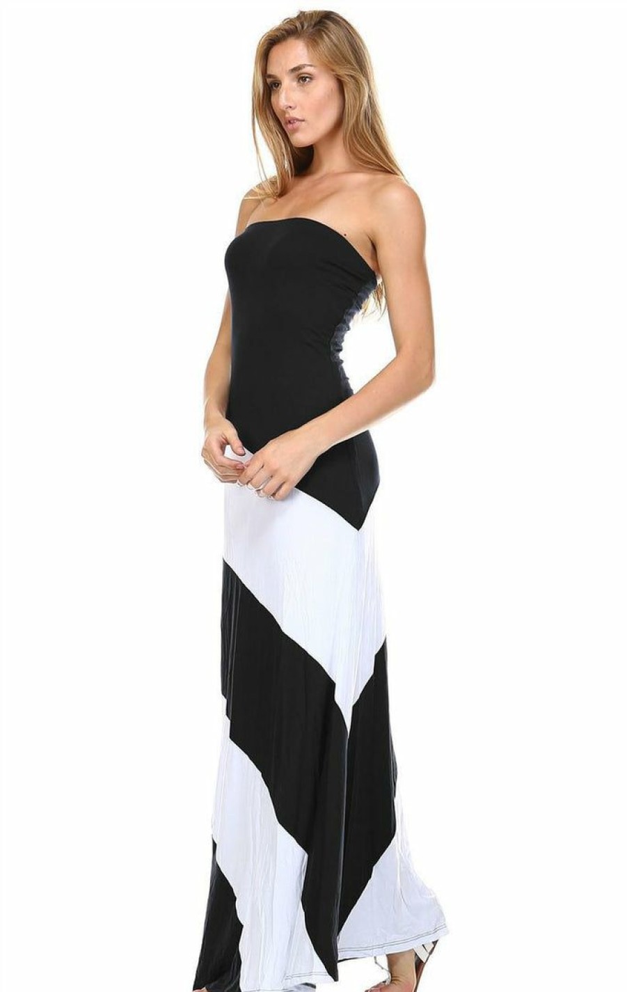 Regular Size * | Zoozie La Regular Size Strapless Maxi Dress Double-Lined Colorblock Black White