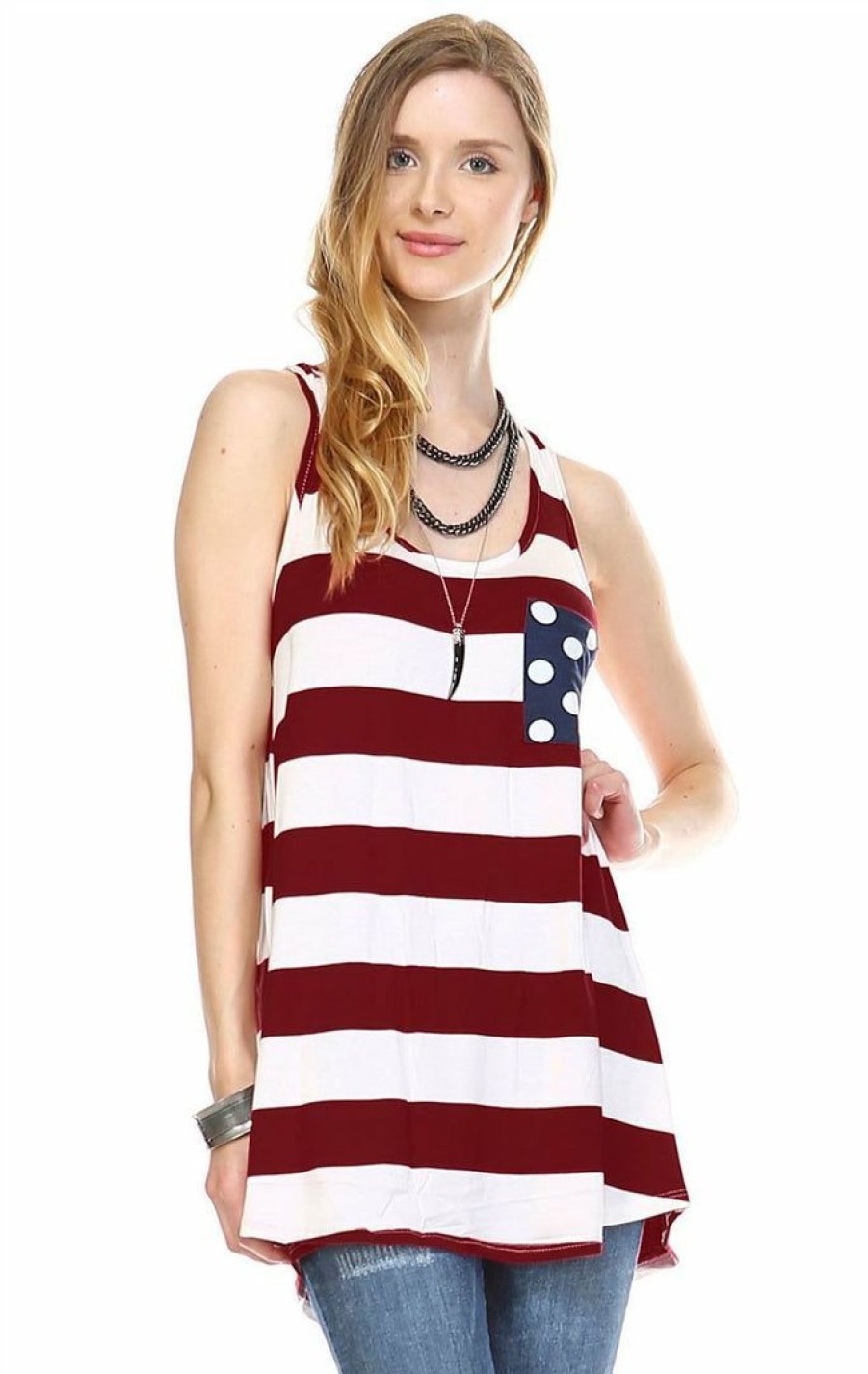 Regular Size * | Zoozie La Wine White Striped Chest Pocket Bow Back Tank Top