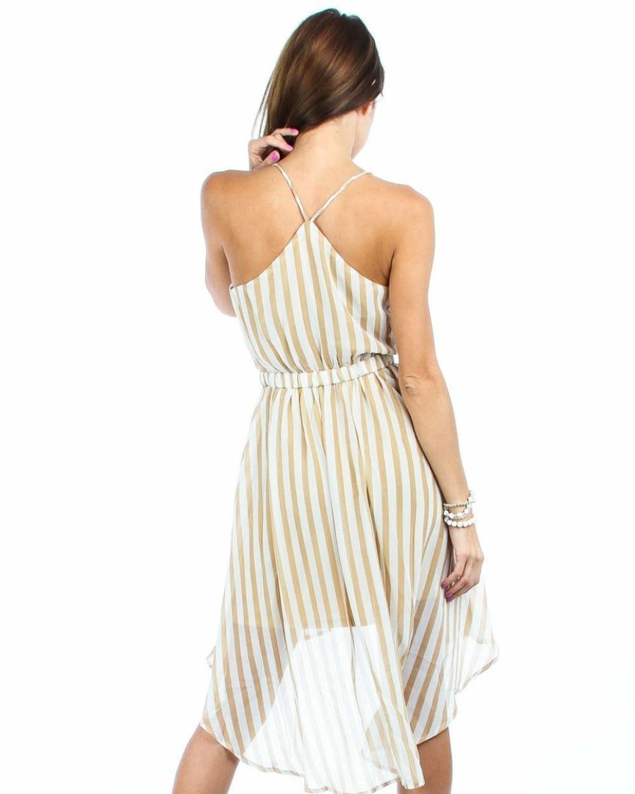 Regular Size * | Zoozie La Sleeveless Highlow Striped Midi Dress With Belt Regular Size Mocha White