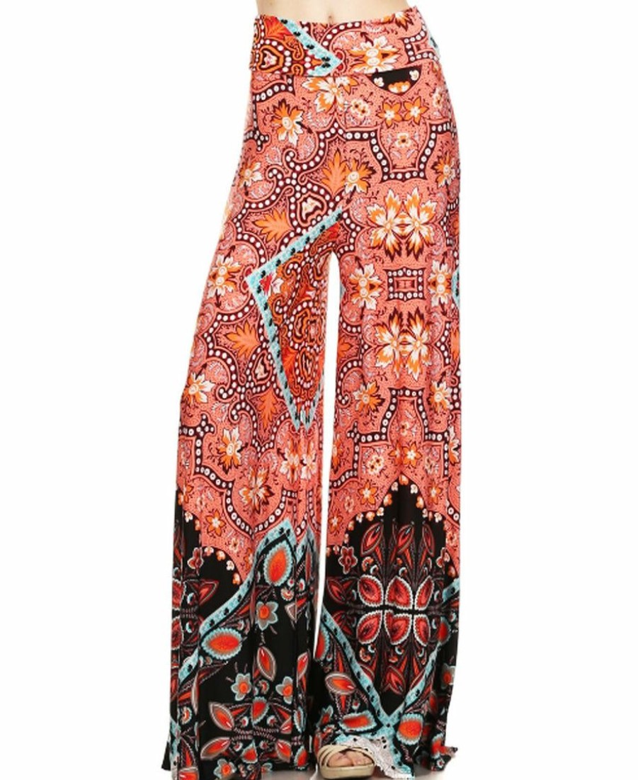 Regular Size * | Zoozie La Tribal Floral Pyramids Palazzo Pants Regular Size Coral Pink Orange Blue