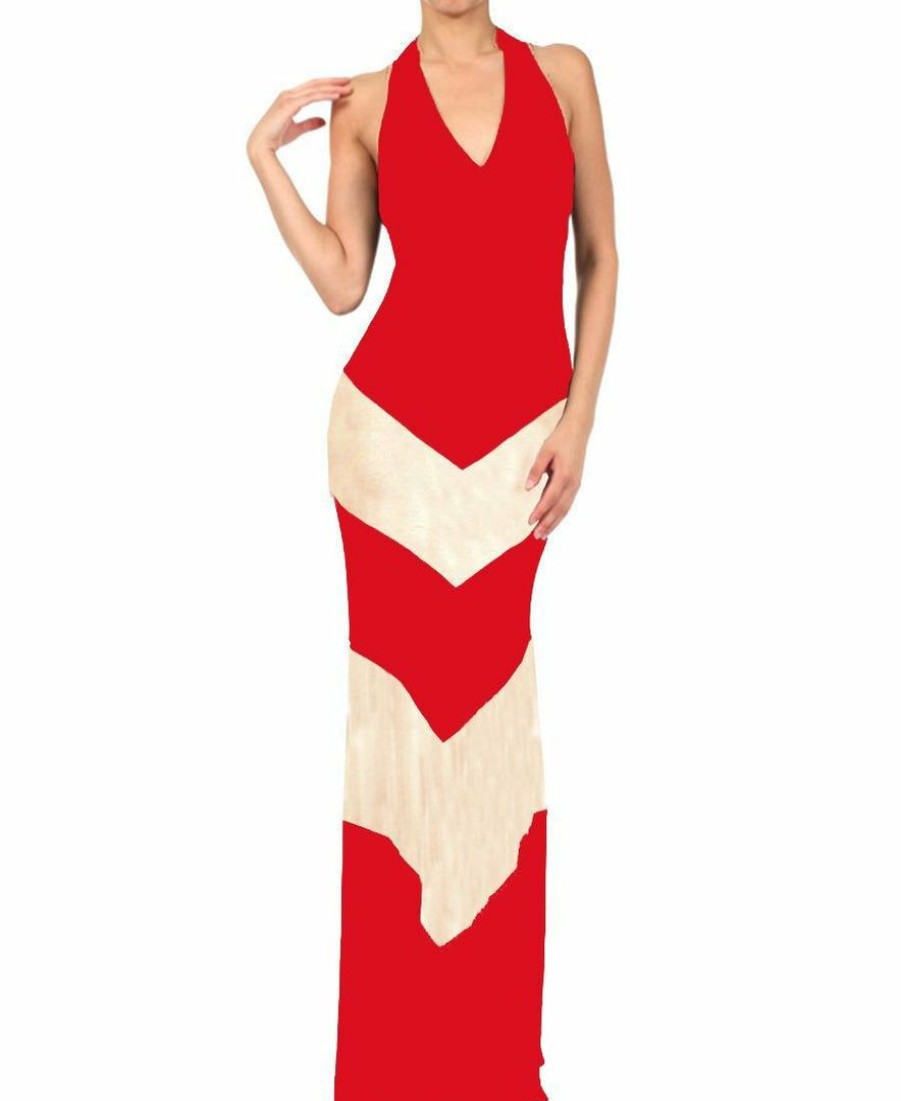 Regular Size * | Zoozie La Halter Top Maxi Dress Chevron Red Taupe Regular Size