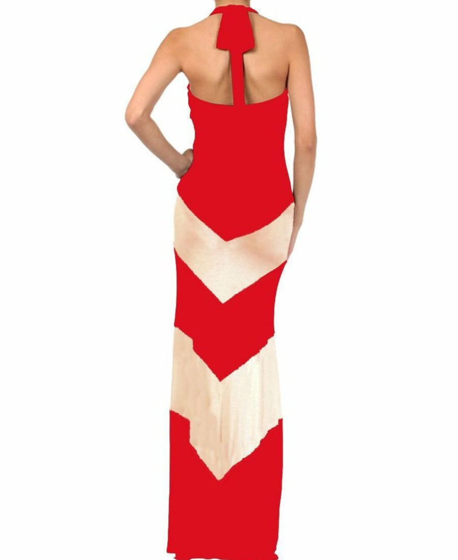 Regular Size * | Zoozie La Halter Top Maxi Dress Chevron Red Taupe Regular Size