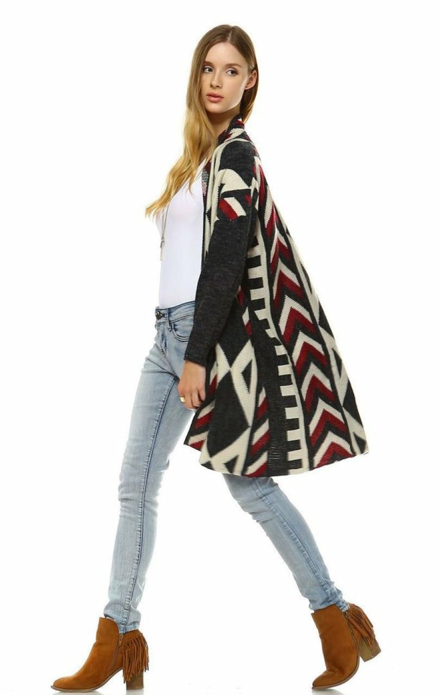 Regular Size * | Zoozie La Aztec Cardigan Tribal Sweater Ribbon Chevron Charcoal Regular Size