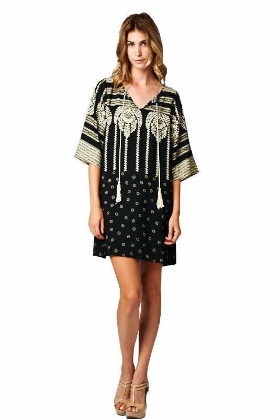 Regular Size * | Zoozie La Black Ivory Aztec Tribal Tunic Dress With Tassels