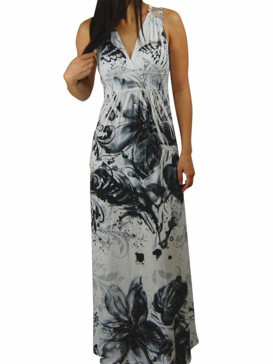 Regular Size * | Zoozie La Regular Size Premium Sleeveless Sublimation Maxi Dress White Black Floral Blossoms