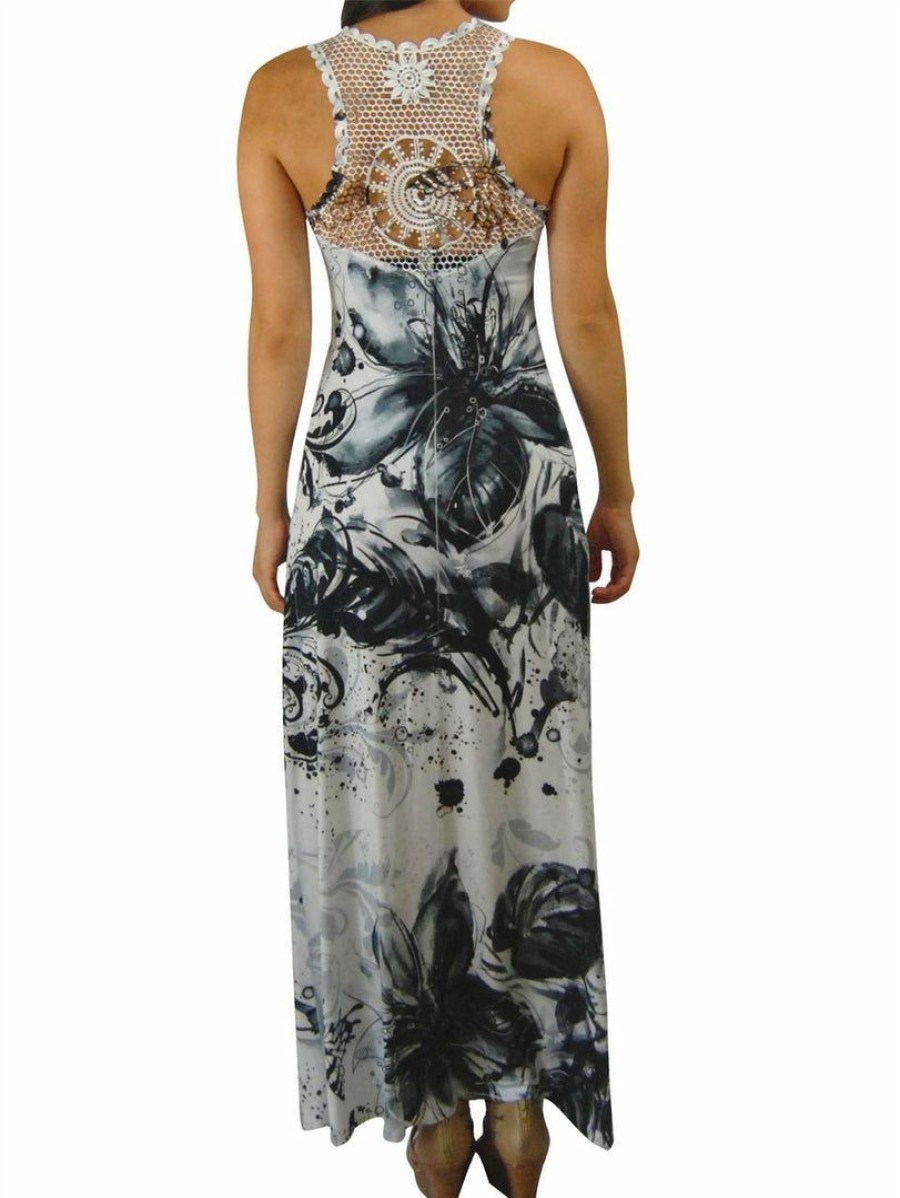 Regular Size * | Zoozie La Regular Size Premium Sleeveless Sublimation Maxi Dress White Black Floral Blossoms