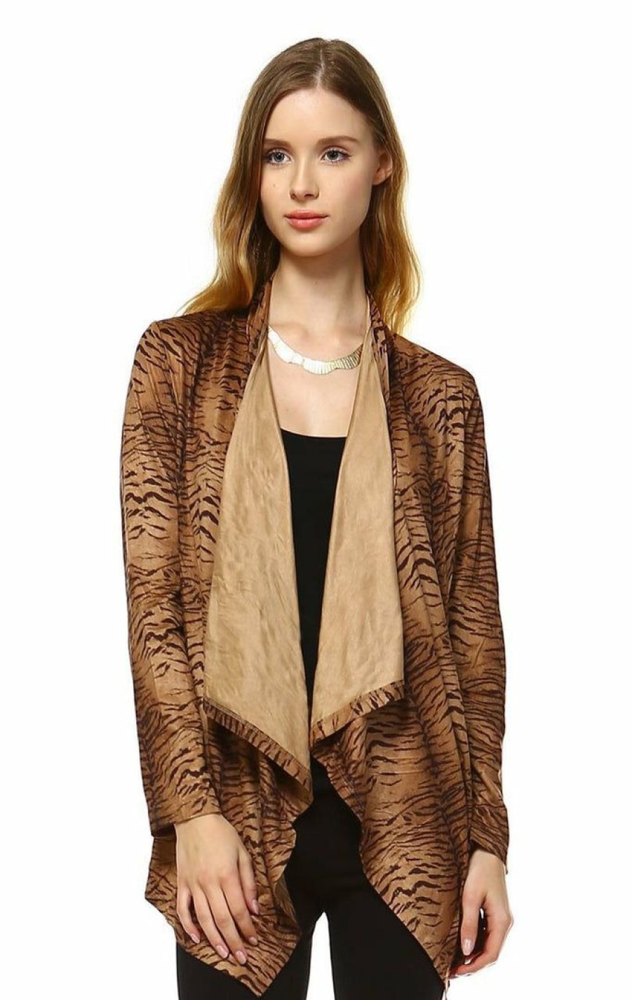 Regular Size * | Zoozie La Regular Size Suede Open Front Flyaway Jacket Cardigan Tiger Brown