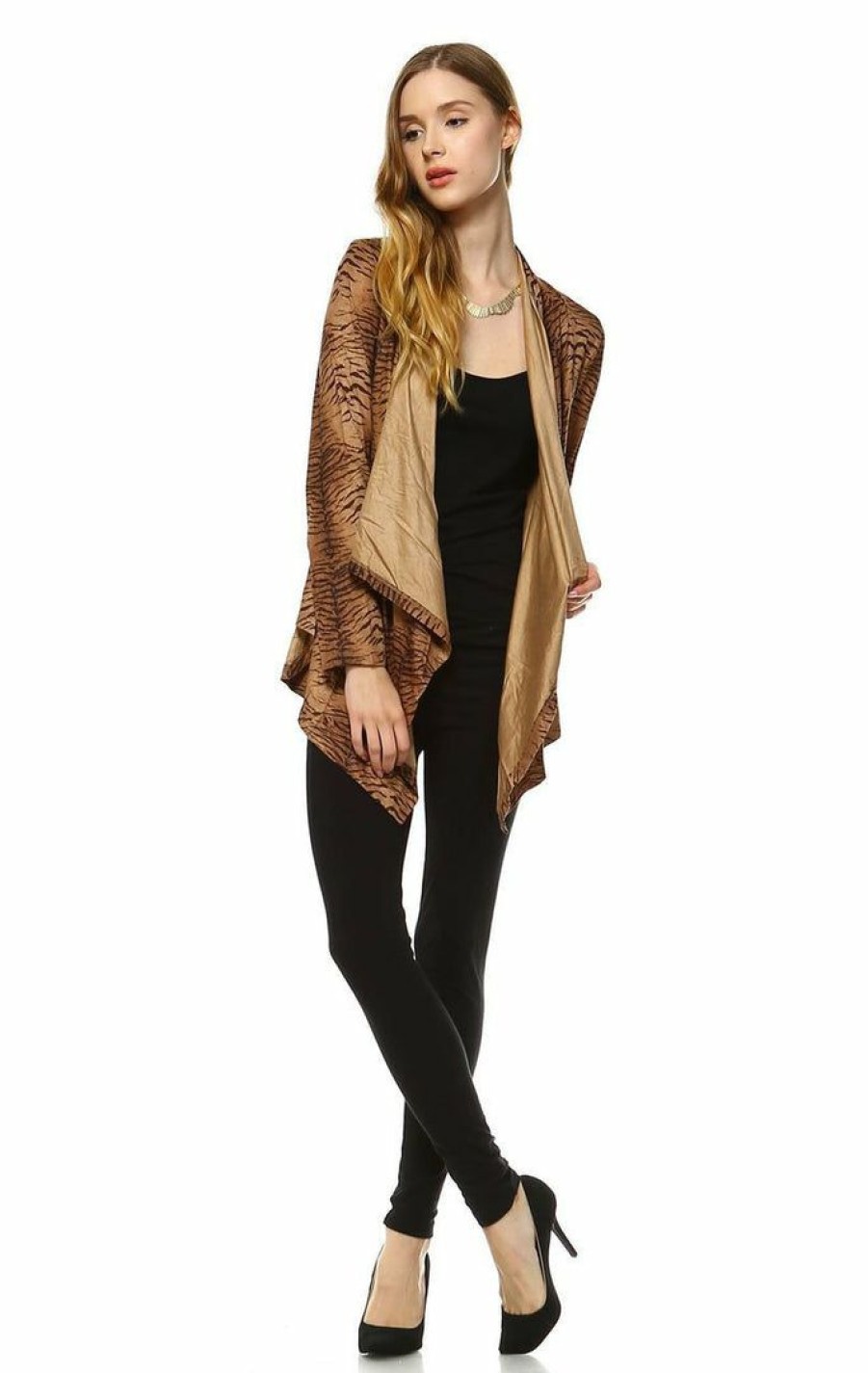 Regular Size * | Zoozie La Regular Size Suede Open Front Flyaway Jacket Cardigan Tiger Brown