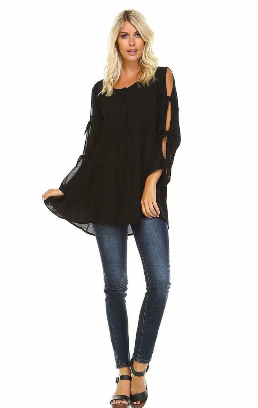 Regular Size * | Zoozie La Cold Shoulder Ties Bell Sleeve Shirt Dress Henley Black Regular Size