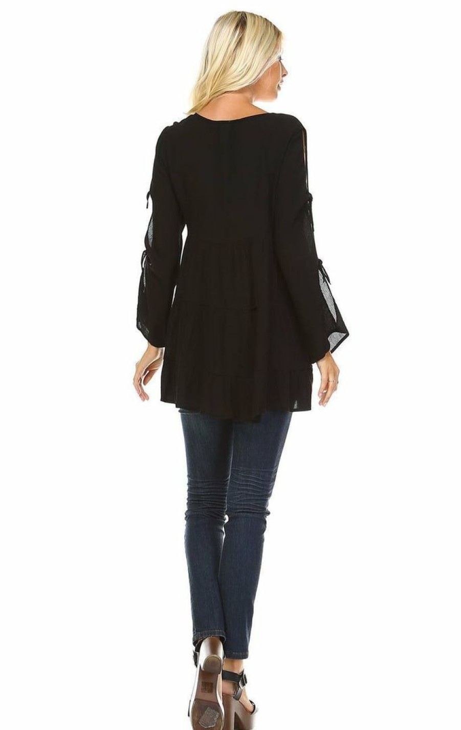 Regular Size * | Zoozie La Cold Shoulder Ties Bell Sleeve Shirt Dress Henley Black Regular Size